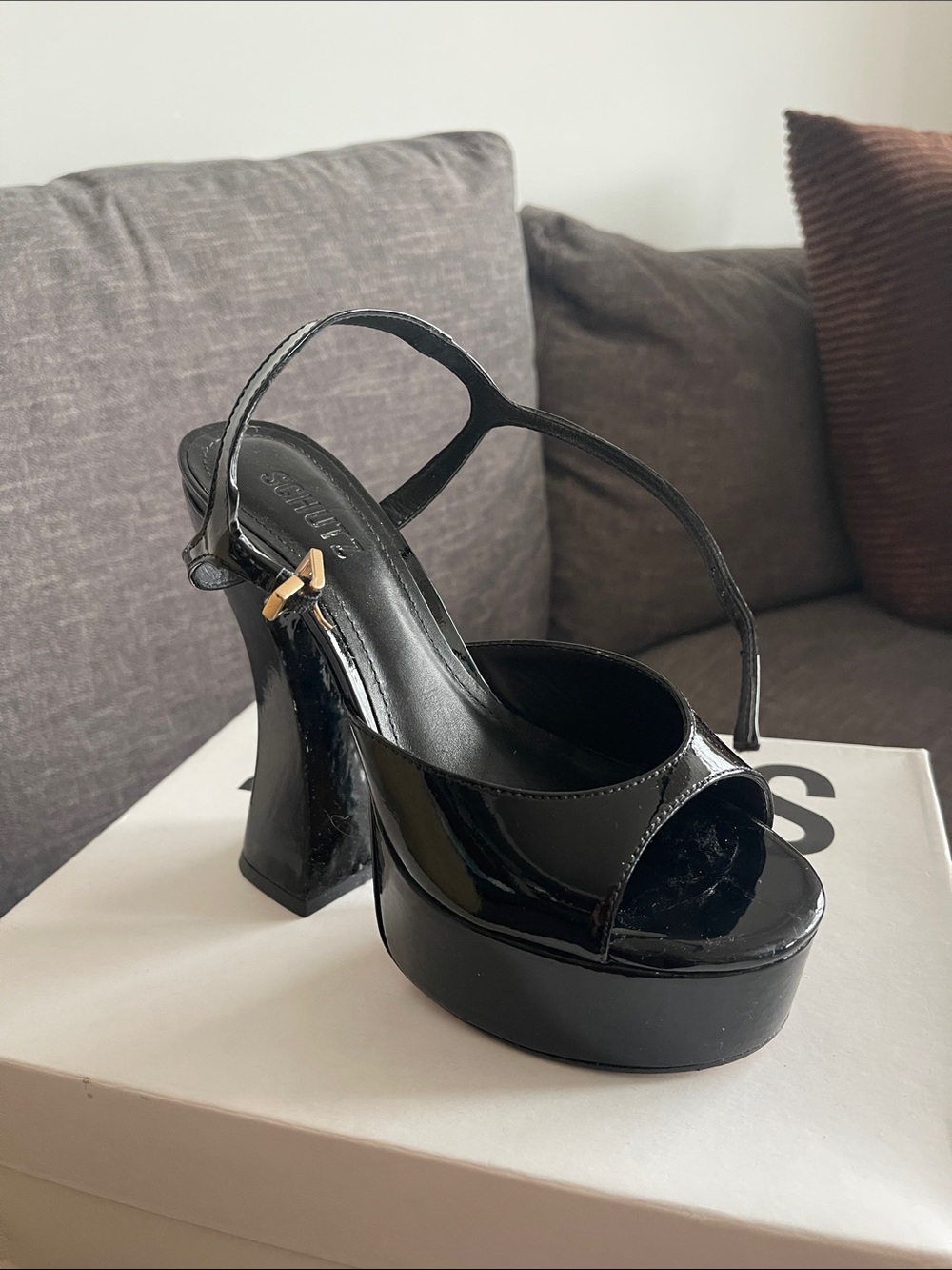 SCHUTZ Black Patent Platform Slingback Sandal